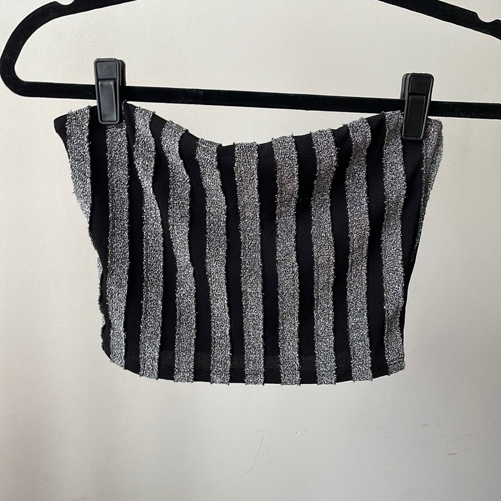 Forever 21 Black And Silver Sparkly Pin Stripe Non-Slip Tube Crop Top - Small
